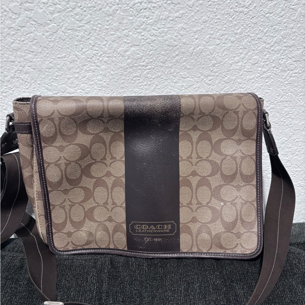 Coach Brown Messenger Bag with Leather Trim and Gold Hardware